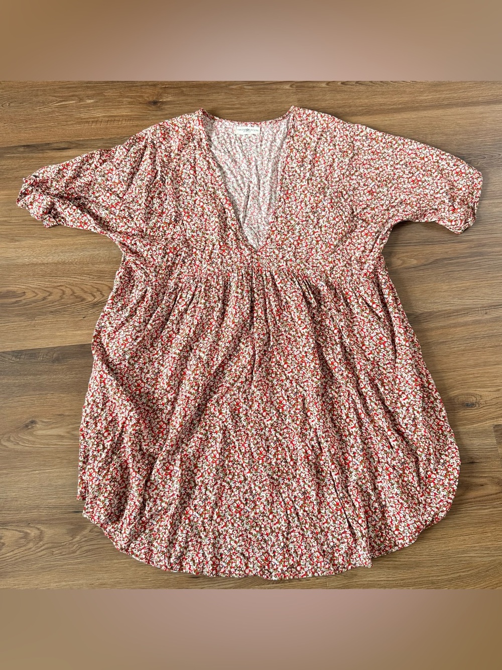 Natural Life Stella Mini Dress Women Large/XL Babydoll Red Ditsy Floral V Neck